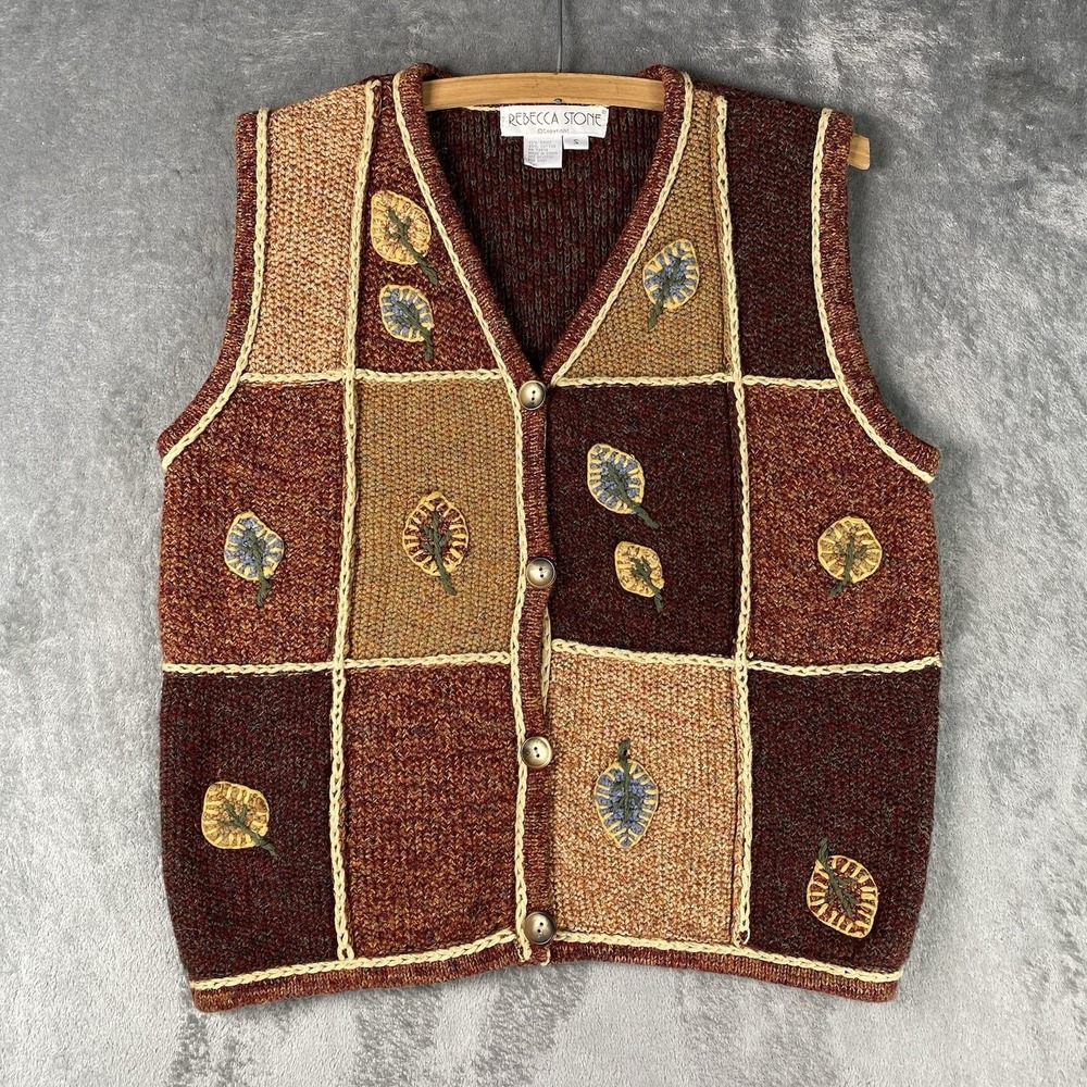 Vintage Fall Sweater Vest Womens S Patchwork Leaf Autumn Cardigan Rebecca Stone